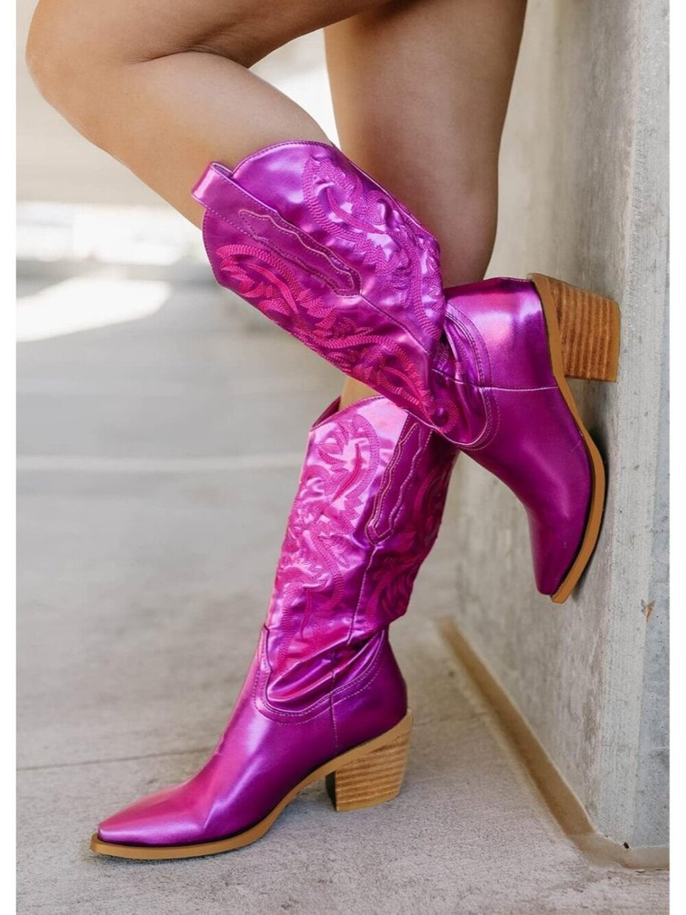 Women's Fuchsia Rubber Metallic Embroidered Mid-Calf Knee High Cowgirl Boots - Picture 2 of 5